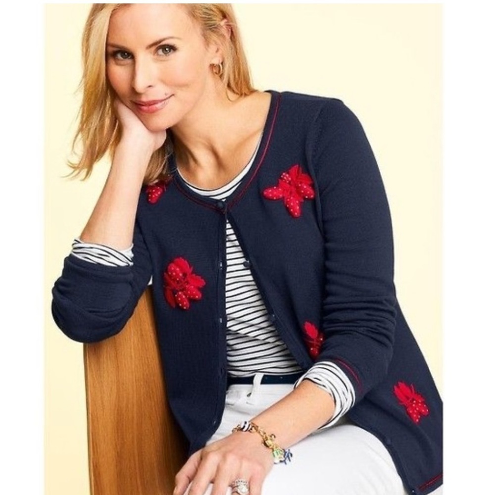 Talbots Embroidered Strawberry Sweater Cardigan NWT Navy Blue Size MP